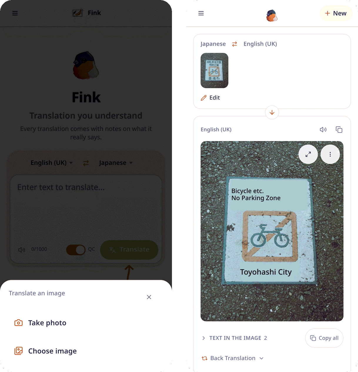 Fink on a phone: the "Translate an image" sheet with the options "Take photo" and "Choose image", and the translated street plate in the result card, with "Text in the image" and "Back Translation" below it.